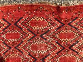 Antique very large Ikat inspired turkman chuval with some unusual structural features. Appears to have ivory cotton wefting and partial mixed cotton/wool warps. Pile varies from good low pile to very low  ...