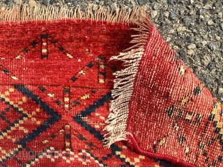 Antique very large Ikat inspired turkman chuval with some unusual structural features. Appears to have ivory cotton wefting and partial mixed cotton/wool warps. Pile varies from good low pile to very low  ...