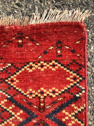 Antique very large Ikat inspired turkman chuval with some unusual structural features. Appears to have ivory cotton wefting and partial mixed cotton/wool warps. Pile varies from good low pile to very low  ...