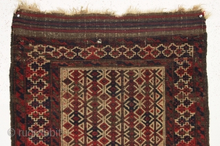 Interesting and unusual small antique camel ground baluch rug. Excellent near original condition. Turkish knotted with all good natural colors. Good overall pile with the brown oxidation expected. Natural camel wool ground.  ...