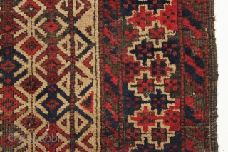 Interesting and unusual small antique camel ground baluch rug. Excellent near original condition. Turkish knotted with all good natural colors. Good overall pile with the brown oxidation expected. Natural camel wool ground.  ...