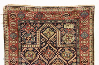 Old caucasian prayer rug, probably akstafa, in pretty good condition for a real antique example. Unusual use of the chajli type border. Allover fair even pile. Nice color. Small crude repair of  ...