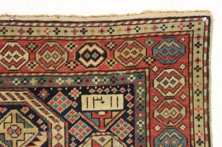 Old caucasian prayer rug, probably akstafa, in pretty good condition for a real antique example. Unusual use of the chajli type border. Allover fair even pile. Nice color. Small crude repair of  ...