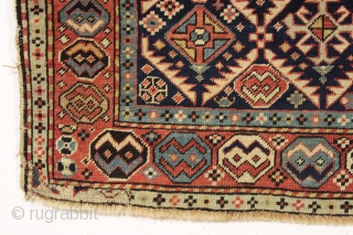 Old caucasian prayer rug, probably akstafa, in pretty good condition for a real antique example. Unusual use of the chajli type border. Allover fair even pile. Nice color. Small crude repair of  ...