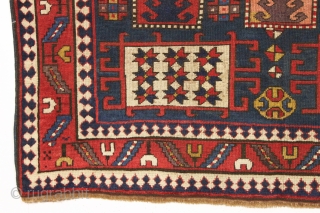 early blue ground karachopf kazak. Classic overall form but some unusual and idiosyncratic elements and colors. Interesting border drawing. All natural colors including a good old purple, nice clear yellows and a  ...