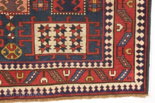 early blue ground karachopf kazak. Classic overall form but some unusual and idiosyncratic elements and colors. Interesting border drawing. All natural colors including a good old purple, nice clear yellows and a  ...