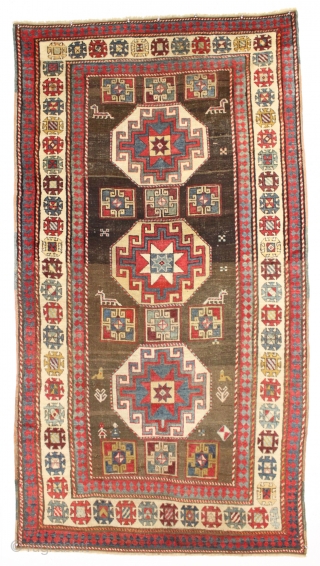 antique kazak rug in excellent condition with a bold large scale design and beautiful old colors. Allover good even pile with soft lustrous wool. Good original sides and ends. All natural colors  ...