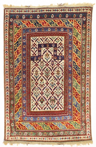 antique caucasian shirvan prayer rug in excellent condition with outstanding colors. Above average drawing and world class natural colors featuring lots of lovely greens and fine yellow highlights. Good overall even pile.  ...