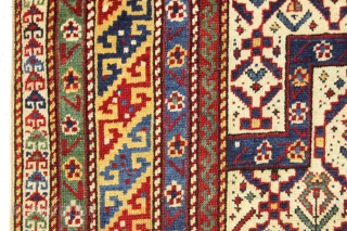 antique caucasian shirvan prayer rug in excellent condition with outstanding colors. Above average drawing and world class natural colors featuring lots of lovely greens and fine yellow highlights. Good overall even pile.  ...