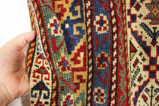 antique caucasian shirvan prayer rug in excellent condition with outstanding colors. Above average drawing and world class natural colors featuring lots of lovely greens and fine yellow highlights. Good overall even pile.  ...