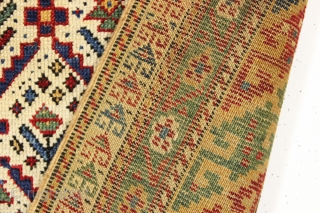 antique caucasian shirvan prayer rug in excellent condition with outstanding colors. Above average drawing and world class natural colors featuring lots of lovely greens and fine yellow highlights. Good overall even pile.  ...