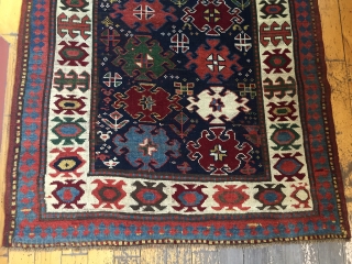 Antique runner with a terrific field design and an even better border. Caucasian? Shahsavsn? Beautiful colors featuring lovely greens and strong clear yellows. Washed and restored to near original condition. Not something  ...