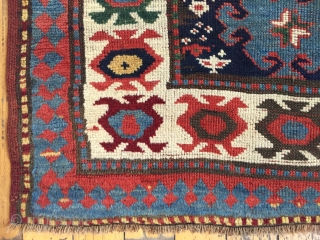 Antique runner with a terrific field design and an even better border. Caucasian? Shahsavsn? Beautiful colors featuring lovely greens and strong clear yellows. Washed and restored to near original condition. Not something  ...