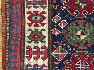 Antique runner with a terrific field design and an even better border. Caucasian? Shahsavsn? Beautiful colors featuring lovely greens and strong clear yellows. Washed and restored to near original condition. Not something  ...