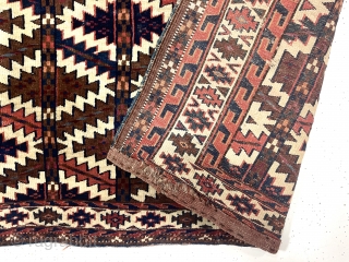 Antique turkman asmalyk. Overall good condition with nice tight medium length pile. All natural colors. Flat end weave folded under. Good original edges. Not perfect but close enough. Few tiny old nibbles.  ...