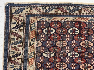 Colorful antique Caucasian rug in fair condition for the age. Probably shirvan. Uncommon all over “tile” design. Low pile with some areas of foundation showing. Priced accordingly. Thin and pliable. Minor edge  ...