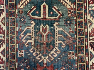 Antique unusual Caucasian long rug with some interesting features that evoke a talish origin. Large palmettes I associate with northwest Persian rugs but minor borders with talish type squares and selvages that  ...