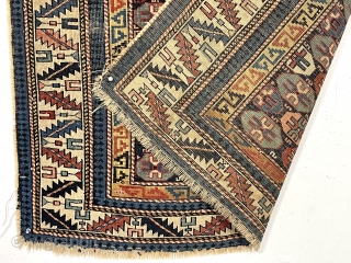 Colorful antique Caucasian rug in fair condition for the age. Probably shirvan. Uncommon all over “tile” design. Low pile with some areas of foundation showing. Priced accordingly. Thin and pliable. Minor edge  ...