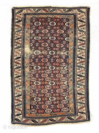 Colorful antique Caucasian rug in fair condition for the age. Probably shirvan. Uncommon all over “tile” design. Low pile with some areas of foundation showing. Priced accordingly. Thin and pliable. Minor edge  ...