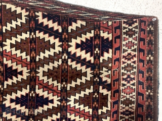 Antique turkman asmalyk. Overall good condition with nice tight medium length pile. All natural colors. Flat end weave folded under. Good original edges. Not perfect but close enough. Few tiny old nibbles.  ...