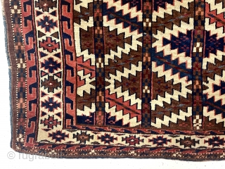 Antique turkman asmalyk. Overall good condition with nice tight medium length pile. All natural colors. Flat end weave folded under. Good original edges. Not perfect but close enough. Few tiny old nibbles.  ...