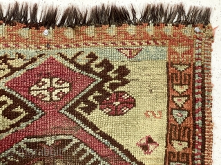 Antique little east Anatolian Kurdish yastik with goat hair warps and pretty green ground. Classic medallion design field. Fair condition, some wear to foundation. As found, dirty, in need of a good  ...