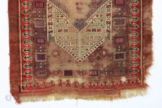 early nw persian rug with eye catching drawing and beautiful old colors. Multiple reds, light blues and a fine old purple. Complete but very much abused with areas of heavy wear and  ...