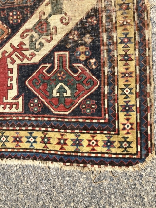 Early karrabagh rug. Nicely drawn example of this well known group. Bold and spacious. Interesting uncommon yellow main border. Overall very low pile, intact rug, but with substantial wear as shown. Highest  ...