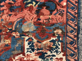 Antique Caucasian seichour rug. The usual wild and crazy field but in an unusually large size. Good weave with blanket like handle. Overall even low pile with heavy brown oxidation and scattered  ...