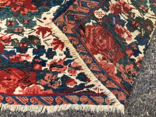 Antique Caucasian seichour rug. The usual wild and crazy field but in an unusually large size. Good weave with blanket like handle. Overall even low pile with heavy brown oxidation and scattered  ...