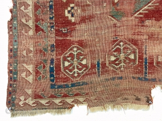 Antique Kazak prayer rug. Older rug in distressed condition with spacious drawing (what there is) and all good natural colors. Ghostly early example in time for Halloween! Priced accordingly. Mid 19th c.  ...