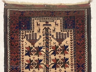 Antique camel ground Baluch prayer rug. You have seen the rest now check out the best. Seriously, overall terrific drawing and good condition with a little as expected brown oxidation. First rate  ...