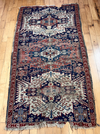 Antique zejwa kuba rug. Heavy wear and scattered damage as shown, priced accordingly. Good colors. Some interesting elements. 19th c. 
3’6” x 6’3”
          