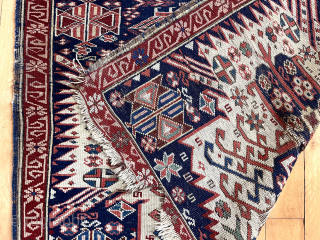 Antique zejwa kuba rug. Heavy wear and scattered damage as shown, priced accordingly. Good colors. Some interesting elements. 19th c. 
3’6” x 6’3”
          