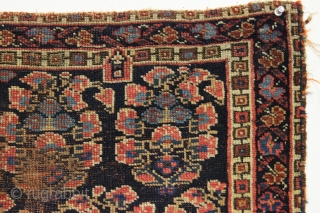 Antique afshar bagface. Older piece with an attractive unusual border. All natural colors. Thin and floppy. Some wear and edge damage as shown. ca. 1880 or earlier. 17" x 28"   