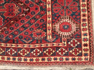 Antique Beshir main carpet. All good natural colors with a rich red and nice yellow highlights. Eye catching large main border with a quirky design shift at one end. As found, no  ...