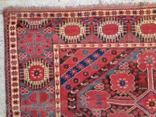 Antique Beshir main carpet. All good natural colors with a rich red and nice yellow highlights. Eye catching large main border with a quirky design shift at one end. As found, no  ...