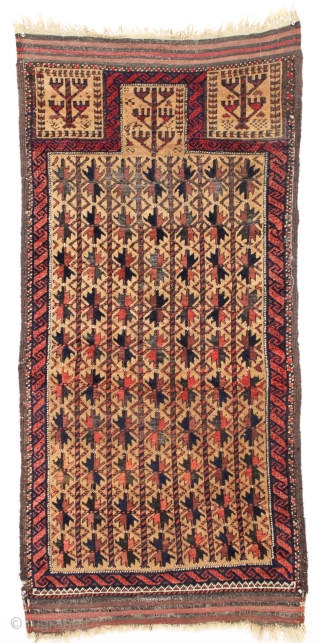 Antique baluch prayer rug. Interesting hand panels. Long. It goes on and on and on. Pretty good condition, some center wear and black oxidation as shown. All natural colors. No repairs. 19th  ...