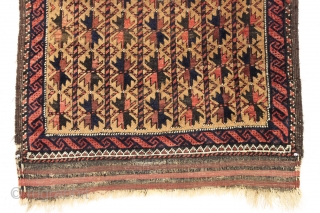 Antique baluch prayer rug. Interesting hand panels. Long. It goes on and on and on. Pretty good condition, some center wear and black oxidation as shown. All natural colors. No repairs. 19th  ...