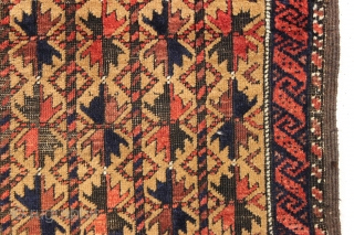 Antique baluch prayer rug. Interesting hand panels. Long. It goes on and on and on. Pretty good condition, some center wear and black oxidation as shown. All natural colors. No repairs. 19th  ...