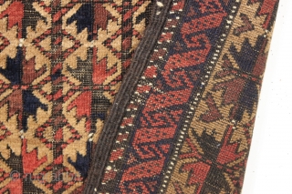 Antique baluch prayer rug. Interesting hand panels. Long. It goes on and on and on. Pretty good condition, some center wear and black oxidation as shown. All natural colors. No repairs. 19th  ...