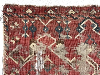 Archaic turkman chuval. Local New England find. Presumably ersari with an unusually spacious ikat inspired design. Lovely natural colors with yellow highlights. Persian knotted open to the right. Unfortunately very rough, not  ...