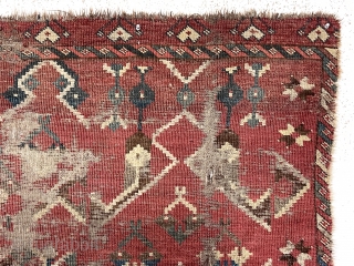 Archaic turkman chuval. Local New England find. Presumably ersari with an unusually spacious ikat inspired design. Lovely natural colors with yellow highlights. Persian knotted open to the right. Unfortunately very rough, not  ...