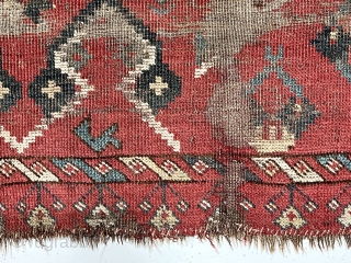 Archaic turkman chuval. Local New England find. Presumably ersari with an unusually spacious ikat inspired design. Lovely natural colors with yellow highlights. Persian knotted open to the right. Unfortunately very rough, not  ...