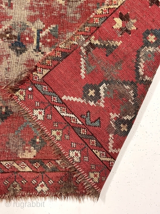 Archaic turkman chuval. Local New England find. Presumably ersari with an unusually spacious ikat inspired design. Lovely natural colors with yellow highlights. Persian knotted open to the right. Unfortunately very rough, not  ...