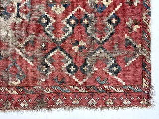 Archaic turkman chuval. Local New England find. Presumably ersari with an unusually spacious ikat inspired design. Lovely natural colors with yellow highlights. Persian knotted open to the right. Unfortunately very rough, not  ...