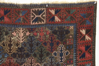 Antique baluch rug. Interesting design. Turkish knotted. Rough condition. Beautiful blues, greens, strong reds, some camel wool, and typical eye opening pinks. late 19th c. 3'2" x 4'9"     