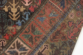 Antique baluch rug. Interesting design. Turkish knotted. Rough condition. Beautiful blues, greens, strong reds, some camel wool, and typical eye opening pinks. late 19th c. 3'2" x 4'9"     