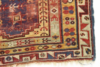 Antique Turkish Makri rug. Classic design. All vibrant natural colors. Nice older example in very rough condition as shown and priced accordingly. 19th c. 3'3" x 4'5"      