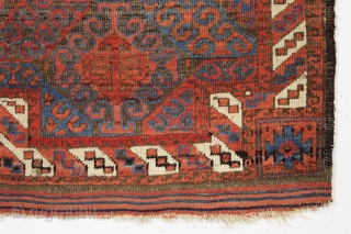 antique tiny baluch rug. Unusual double ended mushwani type baluch in good condition for a genuine older piece. Even low pile with expected brown oxidation. Original goat hair selvages and fancy kelim  ...